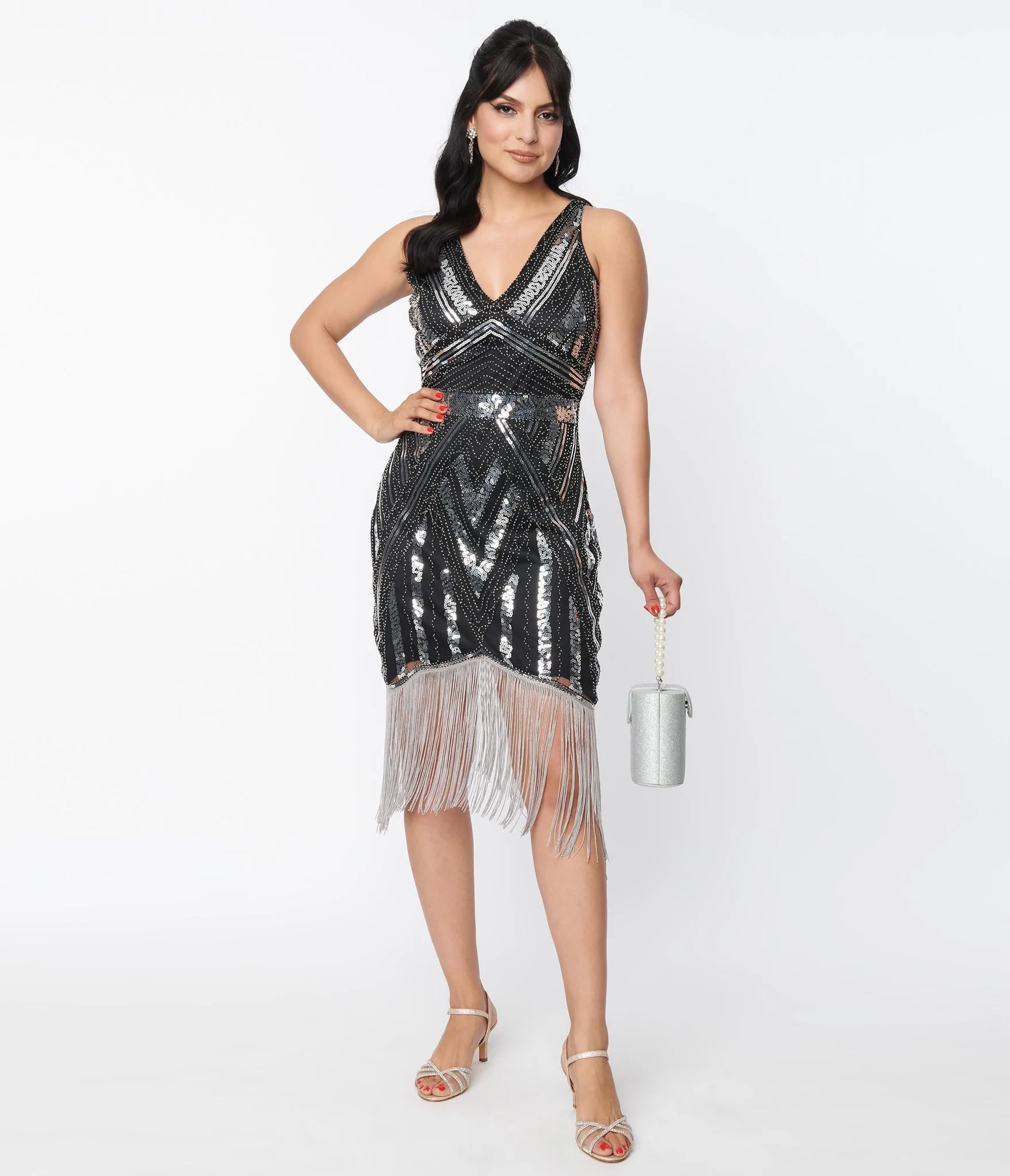 Silver sequin top flapper dress
