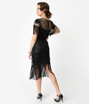 Unique Vintage Black Beaded Fringe Sleeve Nadine Flapper Dress