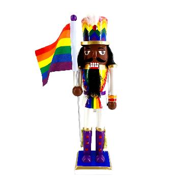 Soldier African American Nutcracker in Rainbow Colors Waving Rainbow Pride Flag