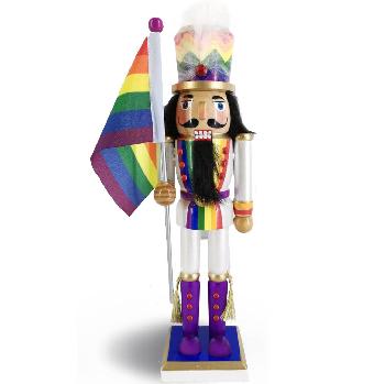 Soldier Nutcracker in Rainbow Colors Waving Rainbow Pride Flag
