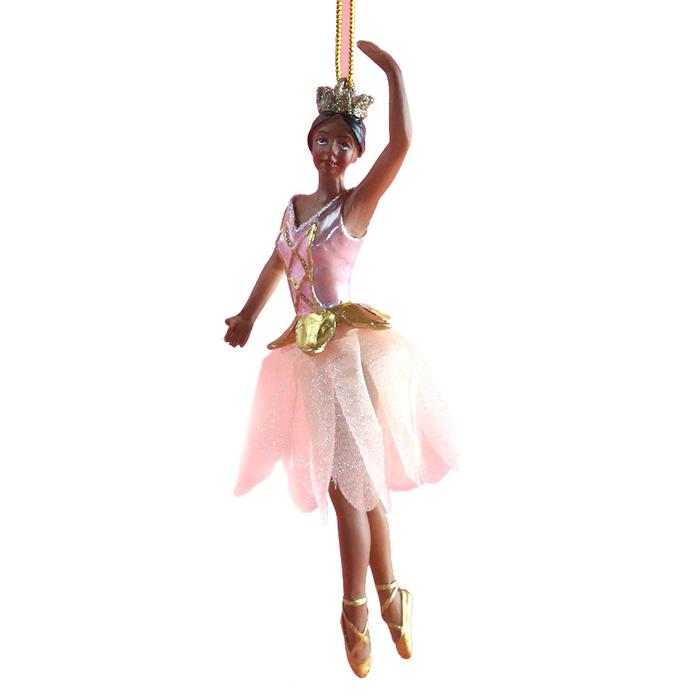 African American Rose Gold Ballerina with Fabric Tutu Resin Ornament